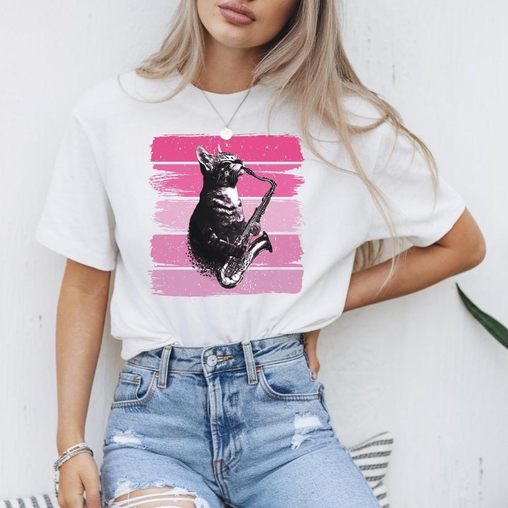 Cat Playing Saxophone Tshirt Funny Cat Jazz Music Shirt Vintage Sax Retro Cat Sa Unisex T-Shirt L