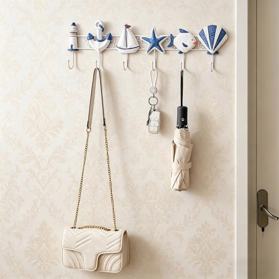 Beach Wooden Wall Hook Summer Ocean Theme Towel Rack with 6 Hooks for Bathroom Bedroom Kitchen Decorative Organizer for Coats Aprons Hats