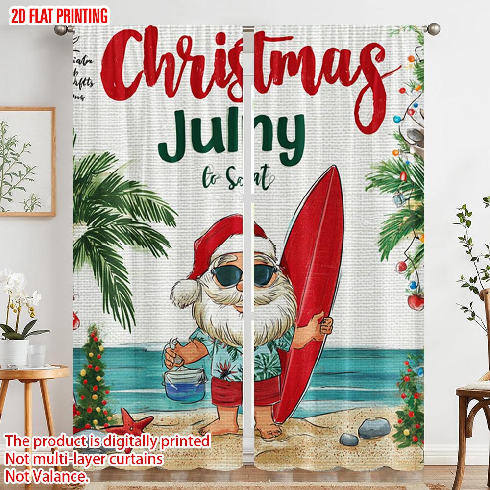 2pcs   plane printing Popular Curtain Panels Surfing Santa_ Palm Trees Versatile Polyester (without rod) Holiday Perfect for