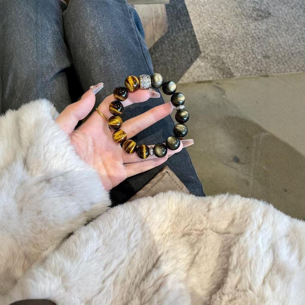 Black Myth Wukong Obsidian Perlenarmband: Viel Glück Sechs-Silben-Mantra Silberobsidian Buddhistische Perlen für Männer und Frauen.