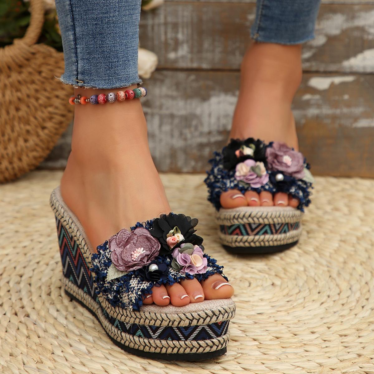 

Модные богемные сандалии на танкетке с тканевым ремешком с цветочным принтом для женщин, летние шлепанцы с круглым носком на очень высоком каблуке, повседневные шлепанцы на пеньковой подошве для пляжа 42 синий