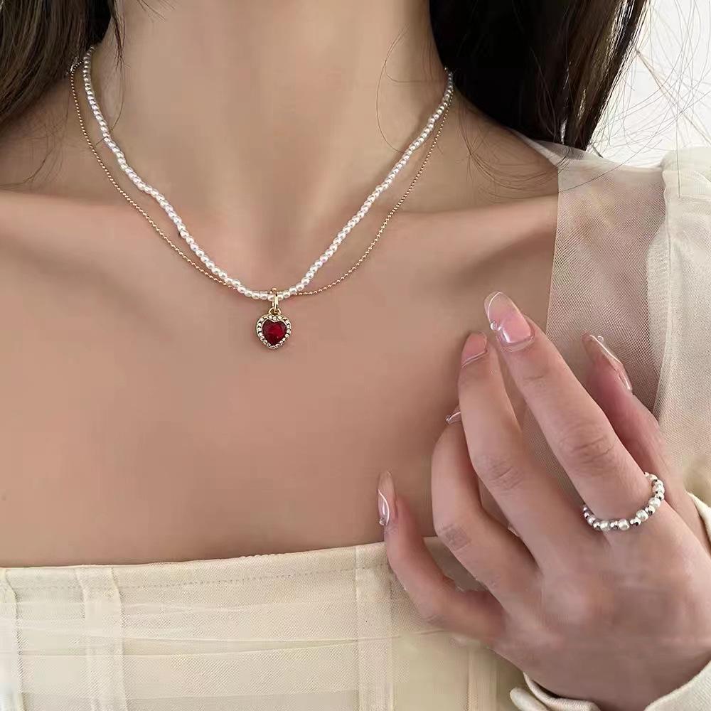 

Double-Layer Heart Pearl Necklace - Women s Simple Niche French Choker