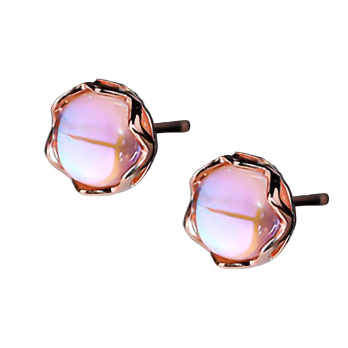 Women's Synthetic Moonstone Earrings, June Birthstone, Single Power Stone, Hypoallergenic, Silver 925, Pink Gold, Simple, Gift for Her