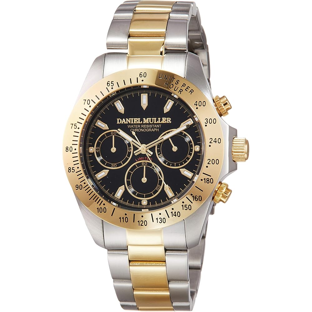 Daniel Muller DM-2003TGB Men s Chronograph Watch All Stainless Steel Black and Gold