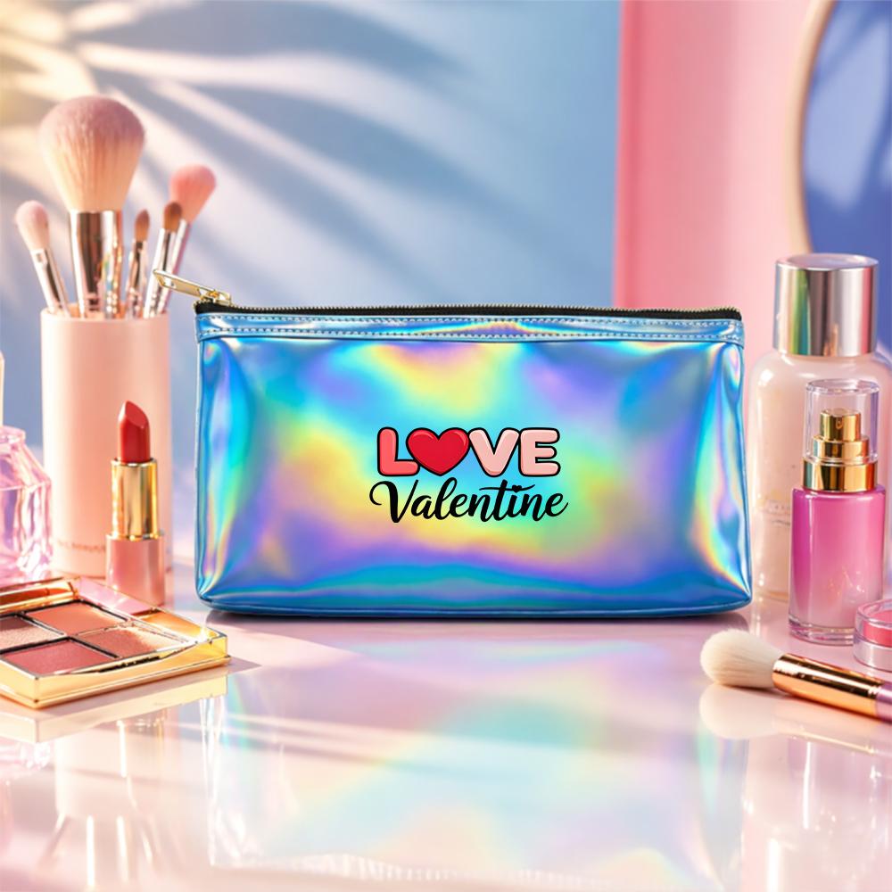 Cute Heart Letter Print Laser Cosmetic Makeup Bag Holographic Toiletry Pouch, PortableTravel Organizer for Valentine Gift Party
