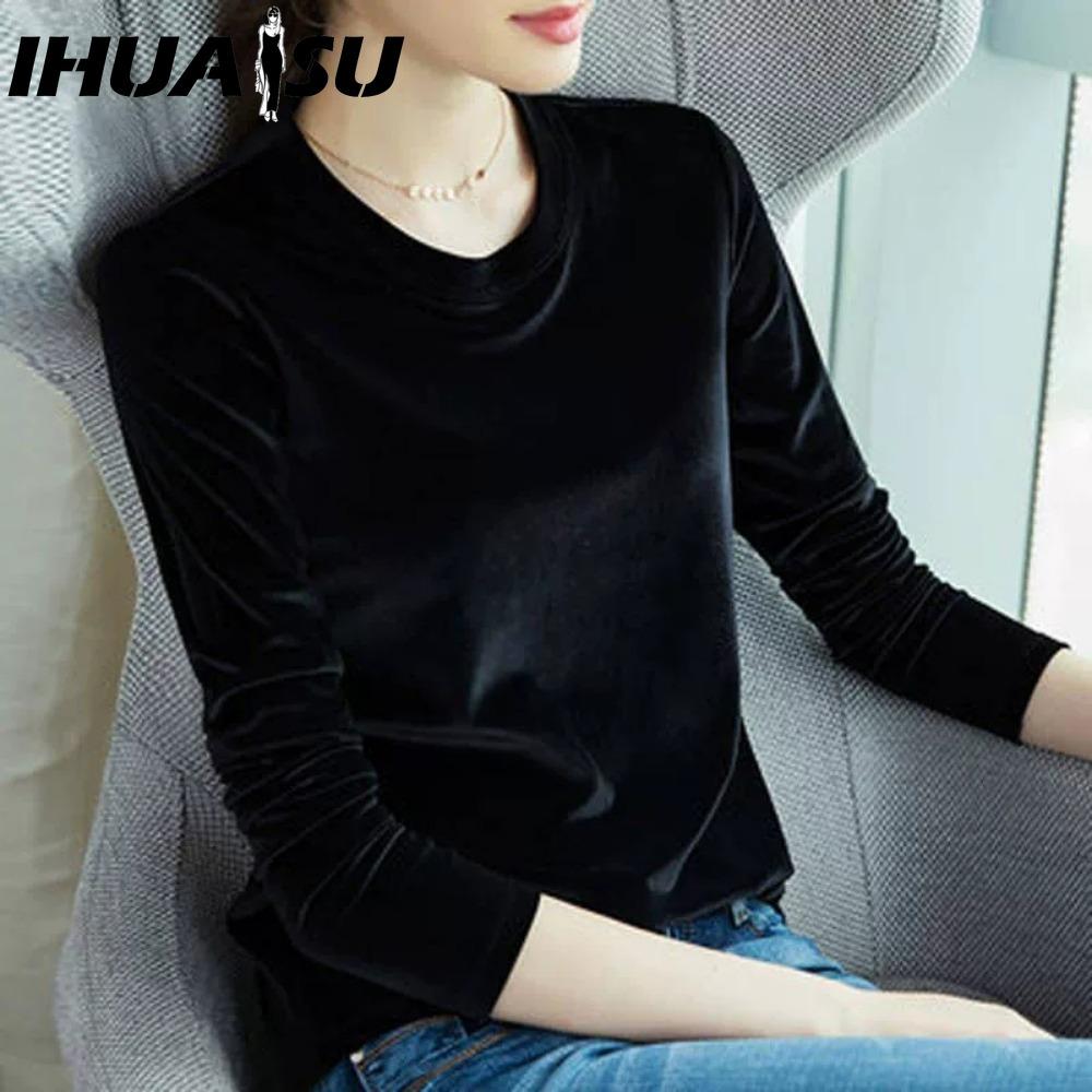 

IHUASU Spring Autumn Women s European and American Trend Thin Gold Velvet Shirt Korean Temperament Delicate Loose Warm Long Sleeve Shirt M чорний
