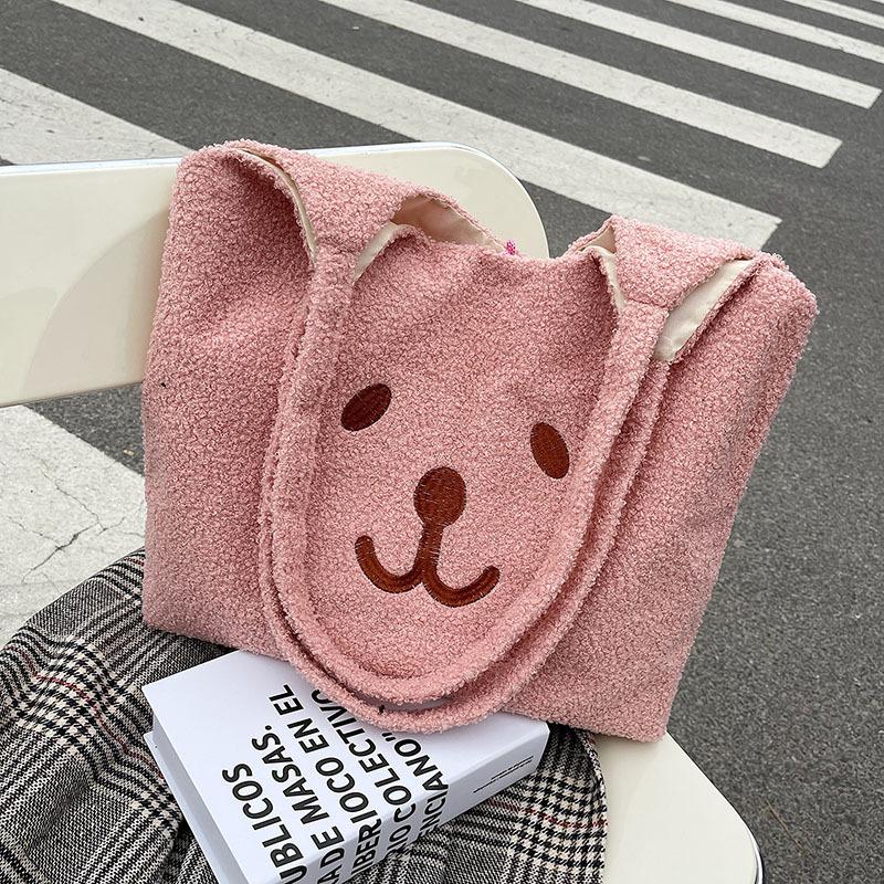 Women Bag Girl Cartoon Plush Shoulder Bag Embroidery Bearshopping Bags Large Capacity Satchel Tote Bookbag For Sutdent