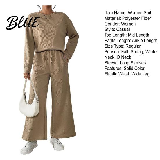 Round Neck Top And Wide-leg Pants Set 2 Pcs/Set Women Suit O Long Sleeves Solid Color Sport Loose Fit Sweatshirt Drawstring Elastic Waist Wide