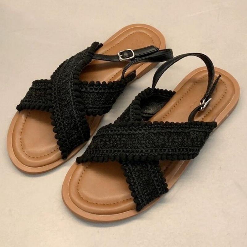 Fashion 2025 Fashion Women Sandals Ladies Flat Roma Heels Knitted Summer Sandals Outside Cross Tied Leather Female Slides Woman Sandals