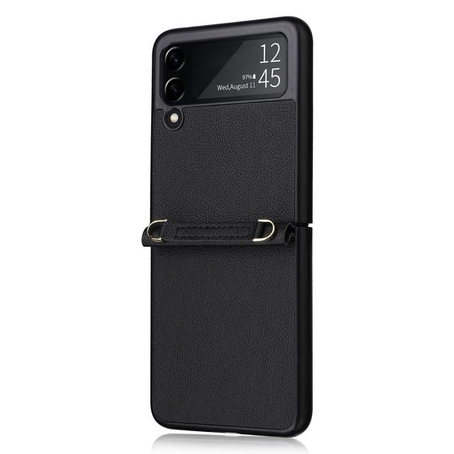 Fall Protection Phone Strap Leather Wallet Case For Samsung Galaxy Z Flip 4 5g Flip3 Flip4 Flip 3 Non -Fingerprint Folding Cover
