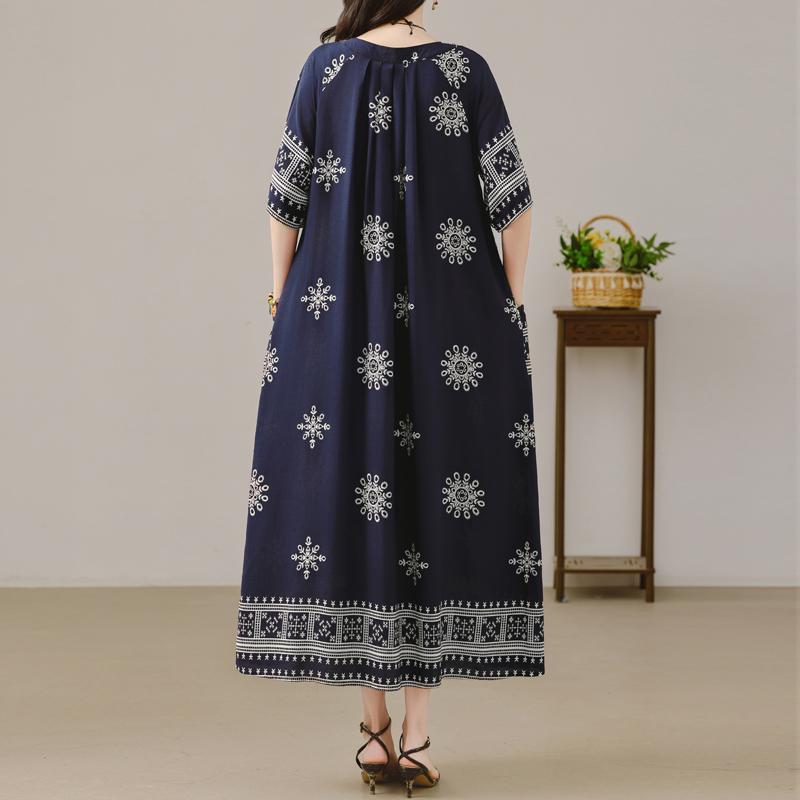 Women's Plus Size Maxi Dress, Boho Print Loose Short Sleeve Casual Dress with Pockets (XL-5XL)