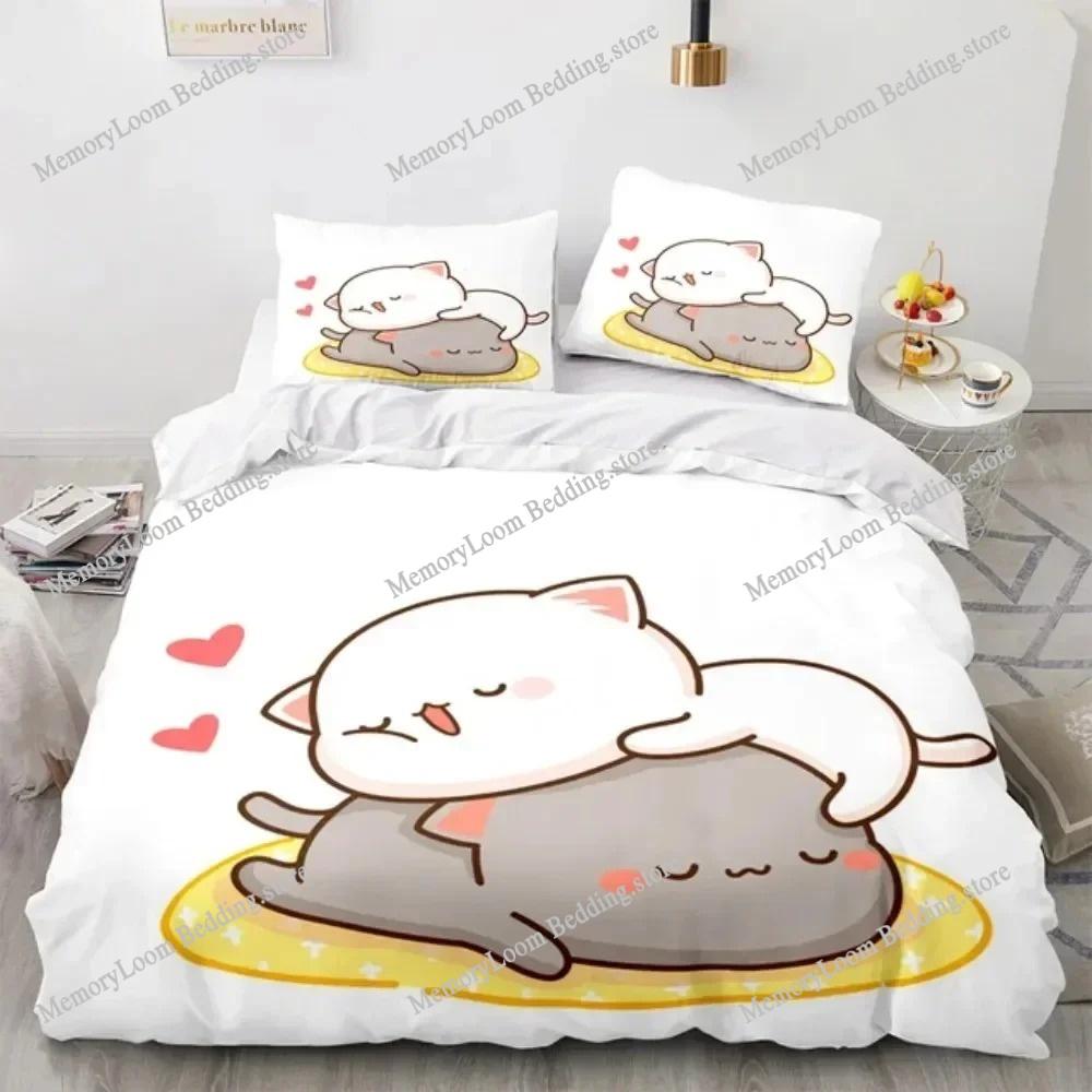 Lovely Peach Cat Cute Bedding Set Cartoon Anime Adult Kid Bedroom Soft Duvet Cover 3D Print Vibrant Kawaii Anime Cozy Set