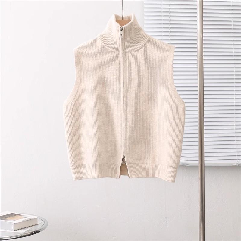 

Ретро воротник стойка камзол вязаный женский жилет весна осень свободный без рукавов свитер на молнии кардиган S бежевый