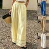 Damen High Waist Häkelspitze Besatz Weite Beine Hose Lässig Kordelzug Palazzo Hose mit Tasche