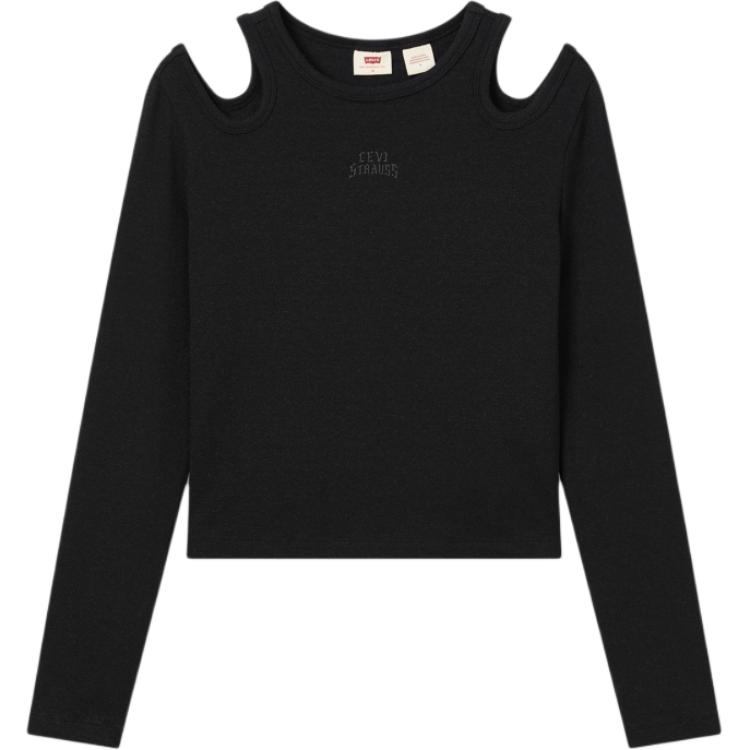 Levis Soft Slim Fit Casual Knit Off-Shoulder Ribbed Round Neck Long Sleeve T-Shirt Women Tops Black 002YO-0001