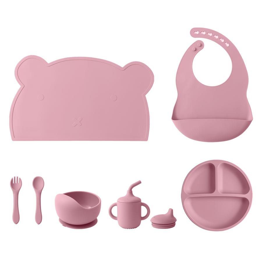 Color Kids 7Pcs Silicone Feeding Set Baby Sucker Bowl Dining Plate Spoon Waterproof Bib Sippy Cup Training Weaning Tableware