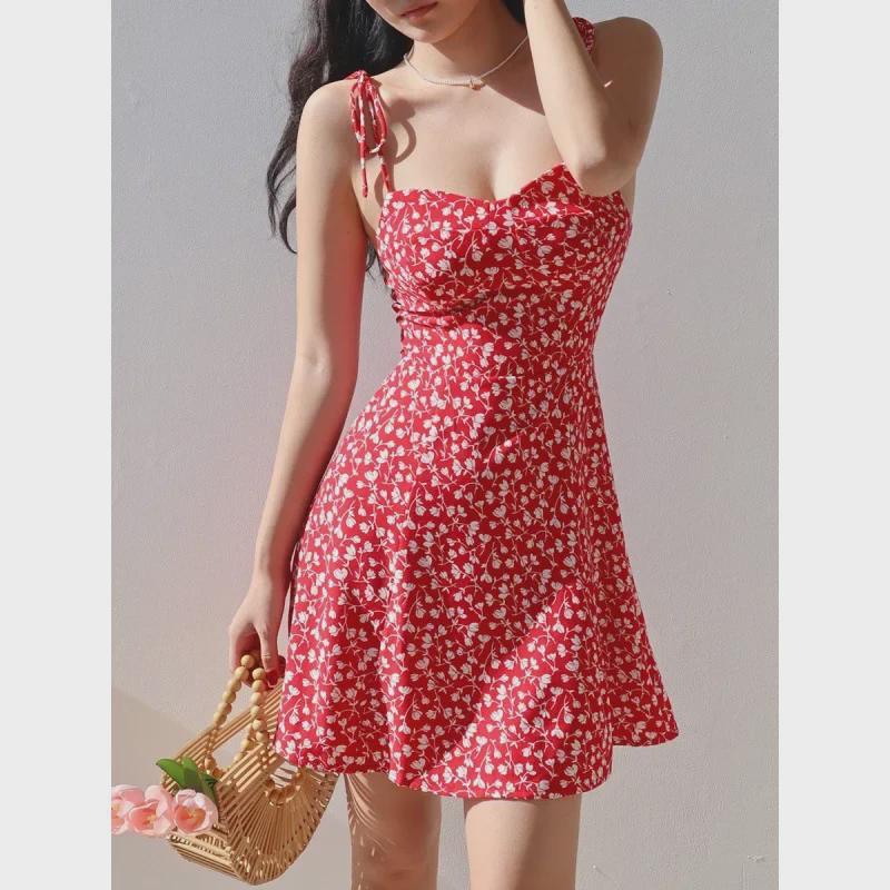 Women's Summer Floral Strappy A-Line Zouju Dress - Sexy Low-Cut Short Beach Skirt