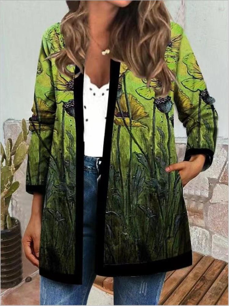 Women's Crew Neck Long Sleeve Cardigan Oversized Vintage Ethnic Print Plus Size Open Front Jacket Casual Outerwear