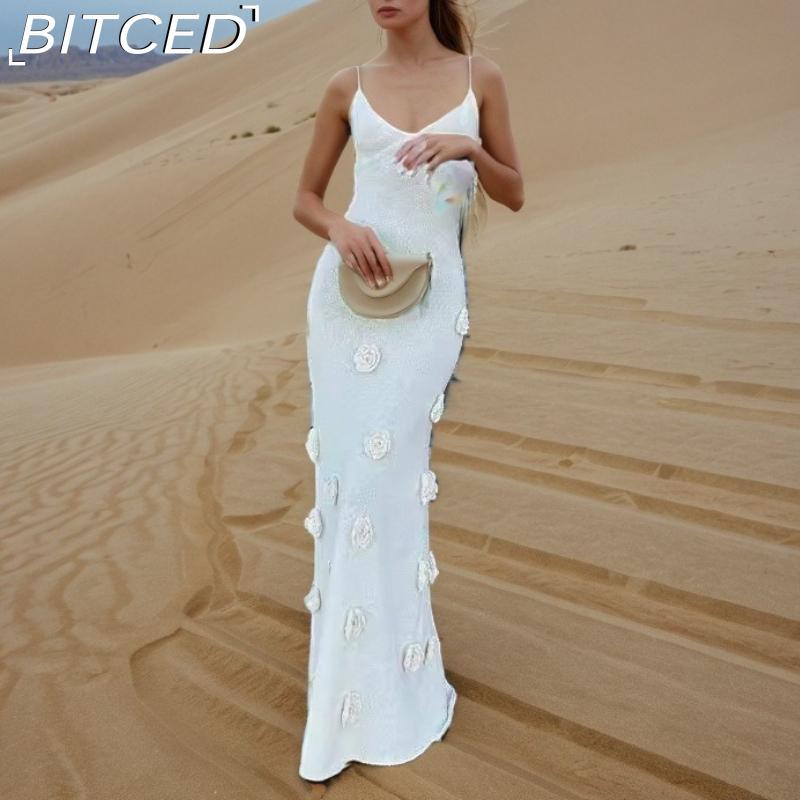 

BITCED Женское Винтажное Красное Длинное Вязаное Платье-Халтер с Ручной Вязаной V-образной Горловиной и Силуэтом, Подчеркивающим Фигуру S белый