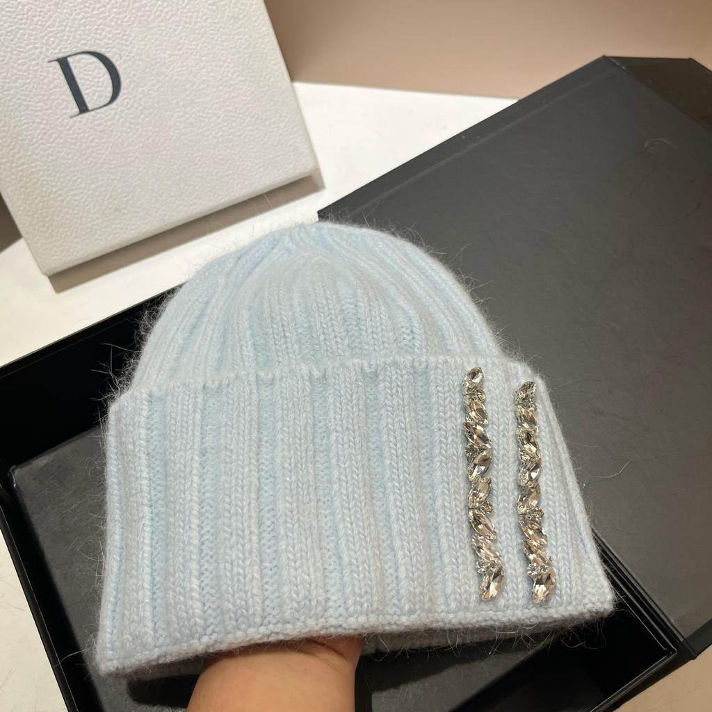 Paris Heavy Industry Light Luxury Rhinestone Knitted Hat Women'S Winter Outdoor Warm Rabbit Hair Wool Hat Wide Stripe Shows Small Face