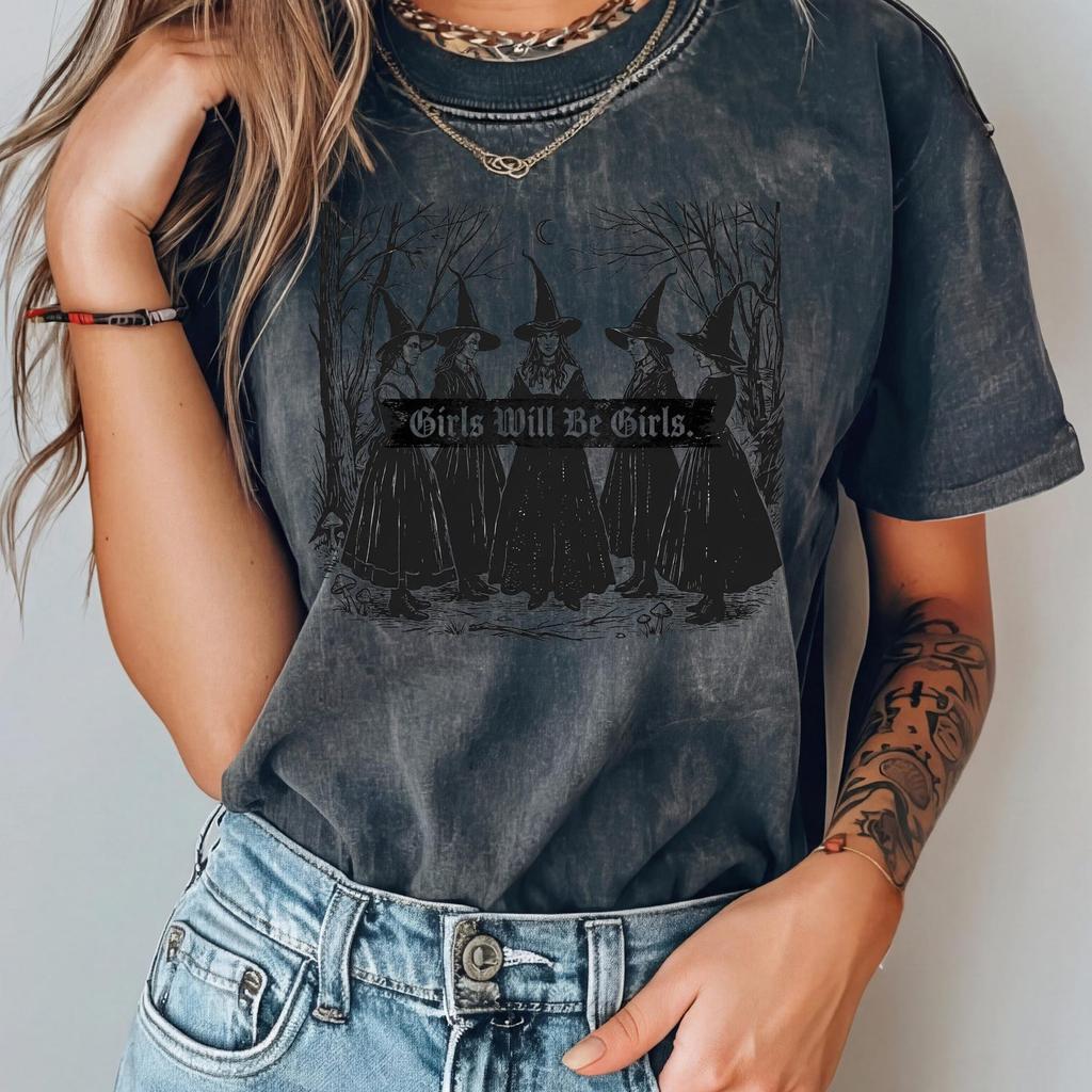 Vintage Mädchen Sind Mädchen Hexe Comfort Colors T-Shirt, Vintage Halloween Damen T-Shirt, Hexen-Vibes Shirt, Lustiges Hexe Vintage Shirt