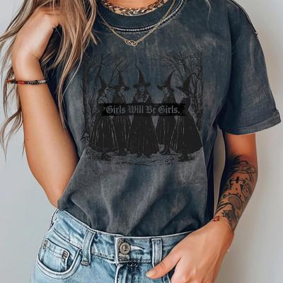 Maglietta Vintage da Ragazze 'Girls Will Be Girls' Strega Comfort Colors, Maglietta Vintage di Halloween da Donna, Maglietta con Vibrazioni da Strega, Maglietta Divertente da Strega Vintage
