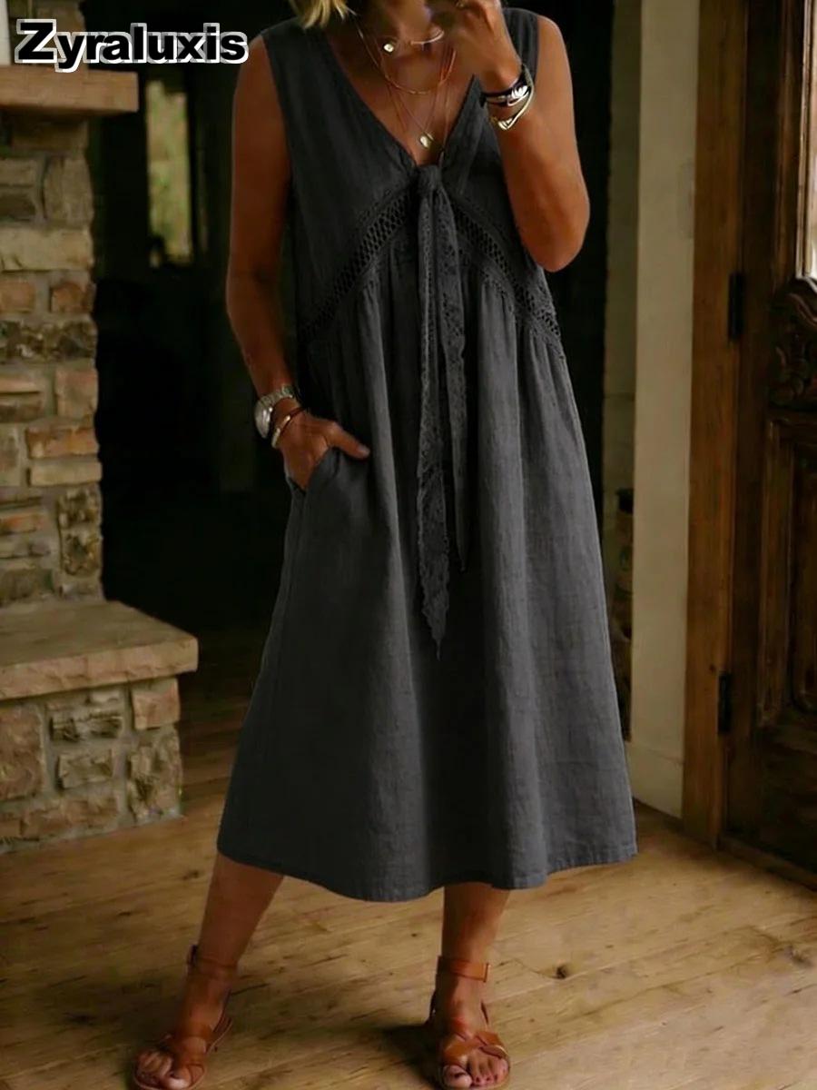 New Style Women s Clothing Linen Sun Ray Solid Lace Decorated Chestless Cotton Linen Sleeveless Dress S