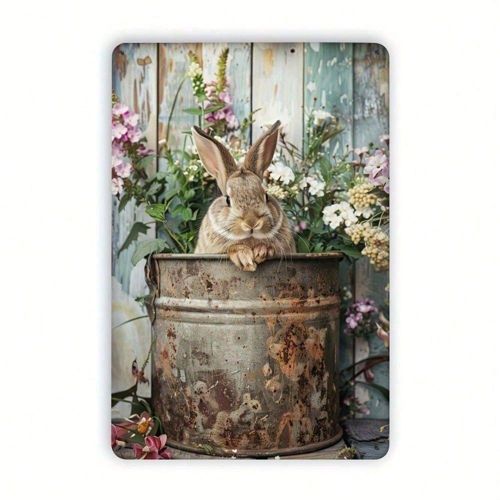 Metal Poster Easter Vintage Sign Rabbit Engraving 2D Wall Art for Living Room