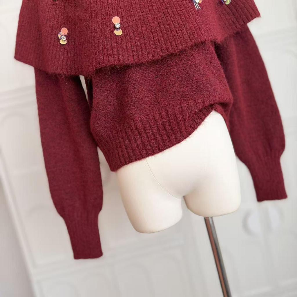 Women's Festive Knit Red Cloak Sweater & Shawl Two-Piece Set