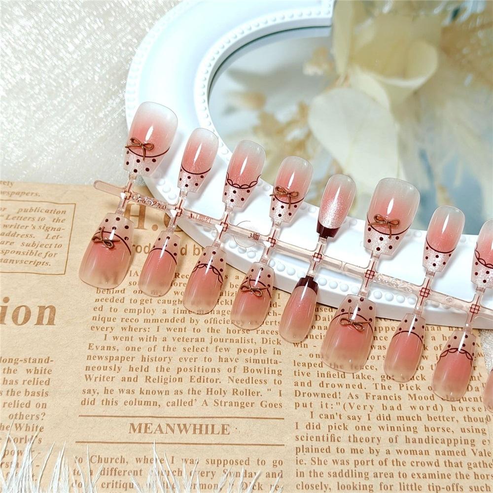 30 Pieces Of Premade Nude Powder Gradient Polka Dot French Bow Manicure Patches Wearable Nails Removable Fake Nails