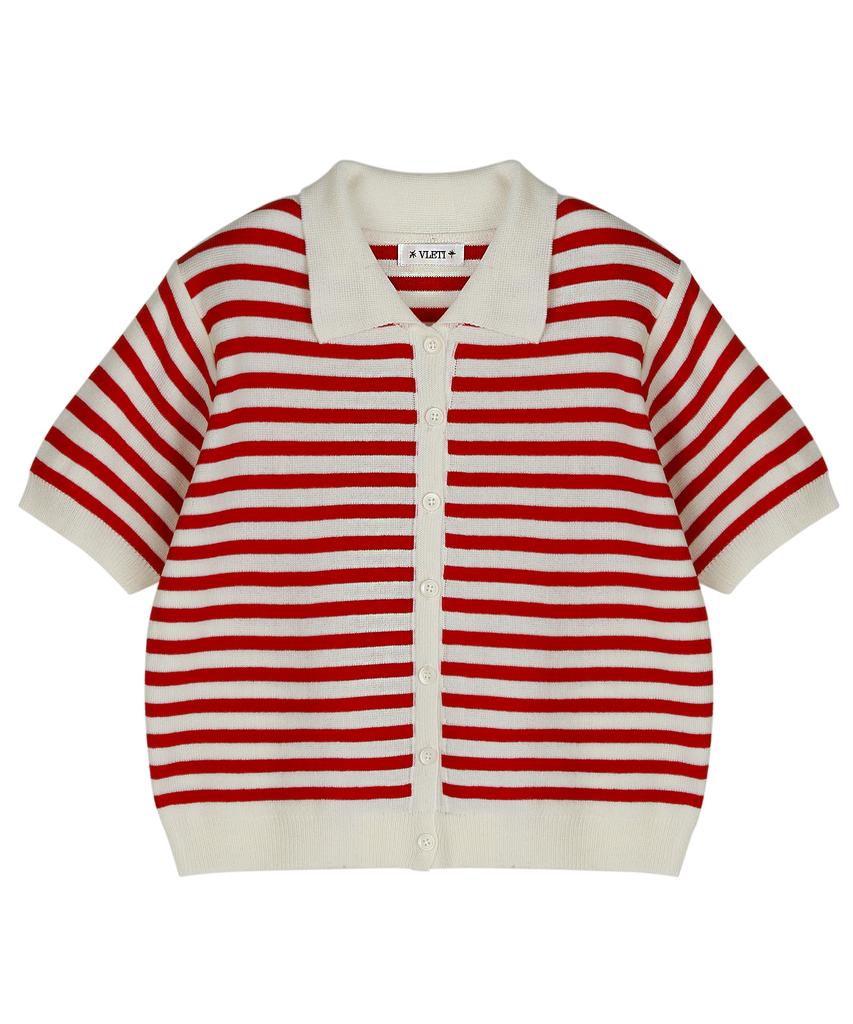 Vleti V-Neck Stripe Collar Half Knit Cardigan (Red)
