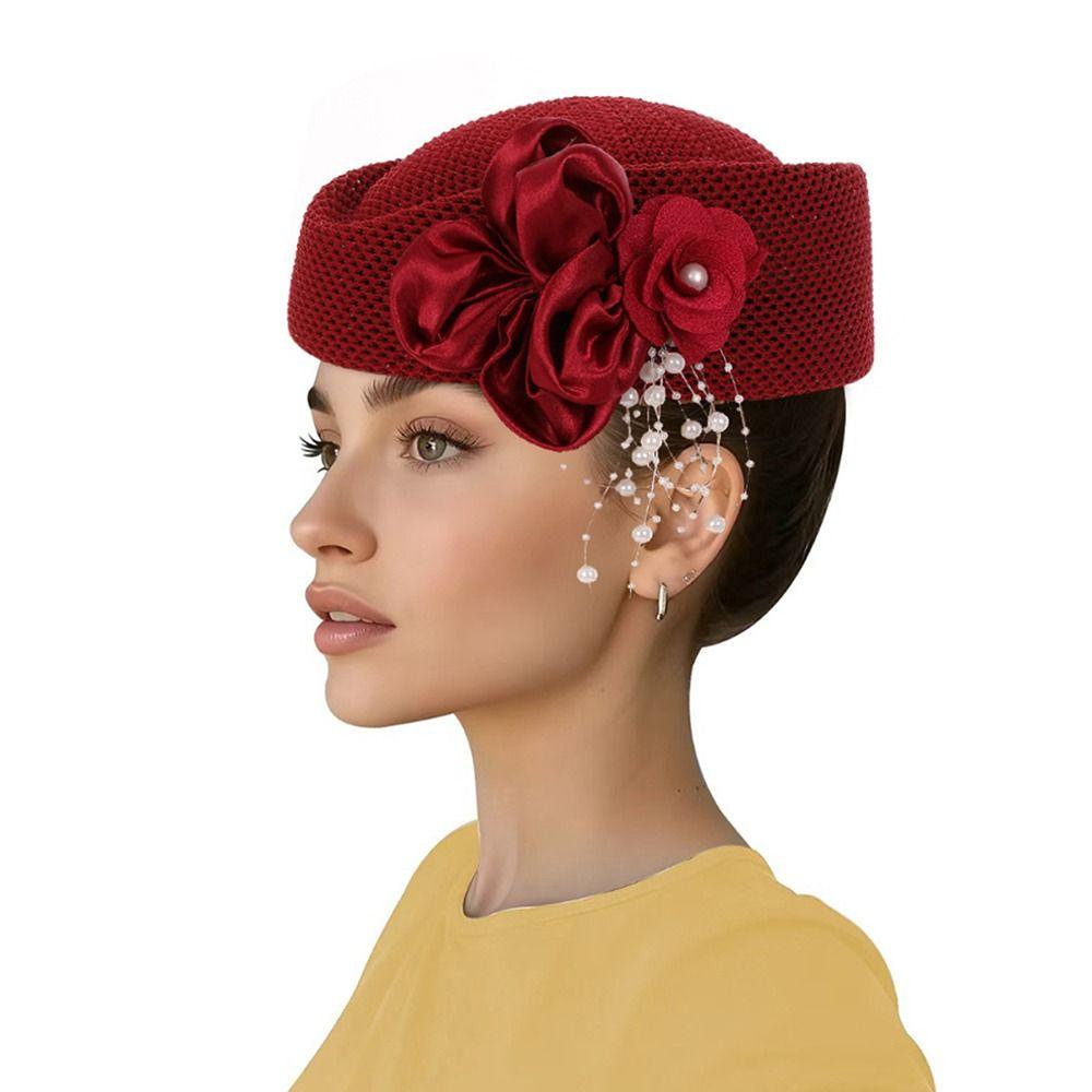 With Flower Straw Pillbox Hat Solid Painter Hat New Brimless Cap Women's
