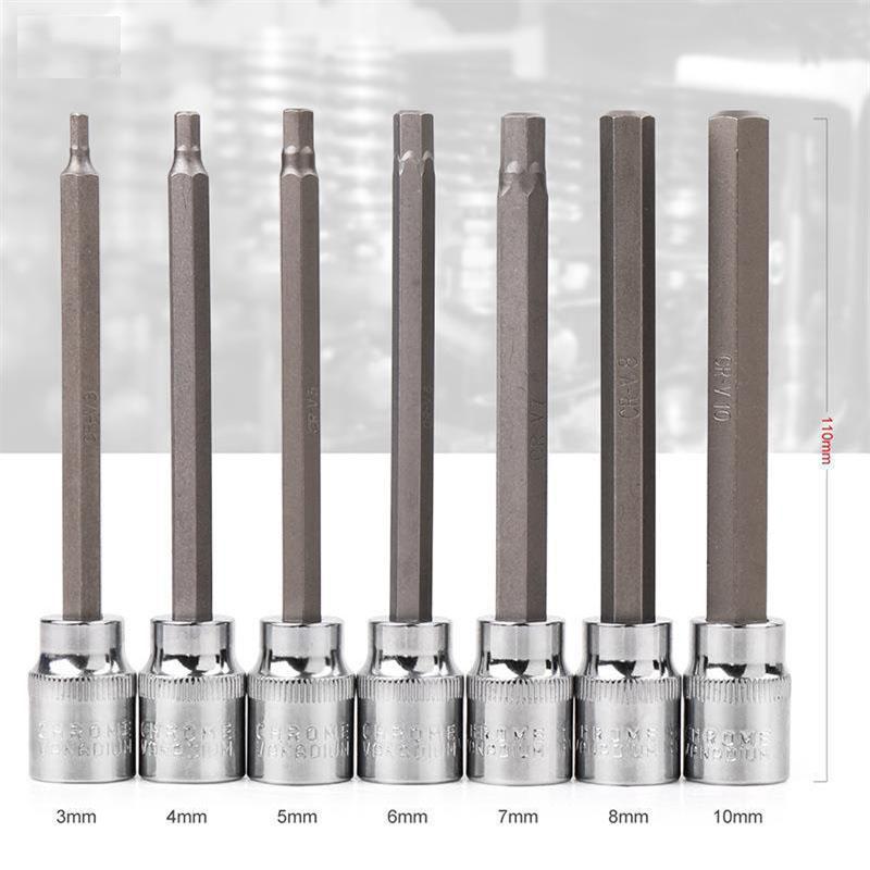 7pcs 3/8" Drive Extra Long Allen Hex Bit 3-10mm Impact Adapter Allen Key Socket Bit Set Automotive Hand Tools With Storage Case