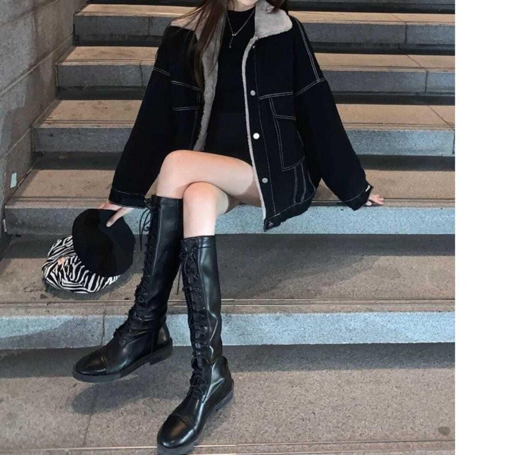 Women's Autumn/Winter Korean Style Lambswool Collar Denim Jacket - Casual, Loose Fit, Plus Velvet Thickening