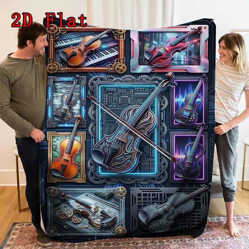 Futuristic Violin Innovations 2D Flat Pattern Flannel Blanket, High Quality All Seasons, Home Decor, Warmth and Comfort, Perfect for Christmas Gifts.