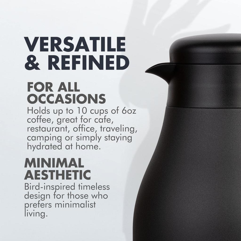 GrandTies 61 Stainless Steel Thermal Coffee Carafe - Insulated Double-Walled Vacuum Coffee Thermos, Coffee Pot, Hot Water Dispenser, 12-Hour Warmth