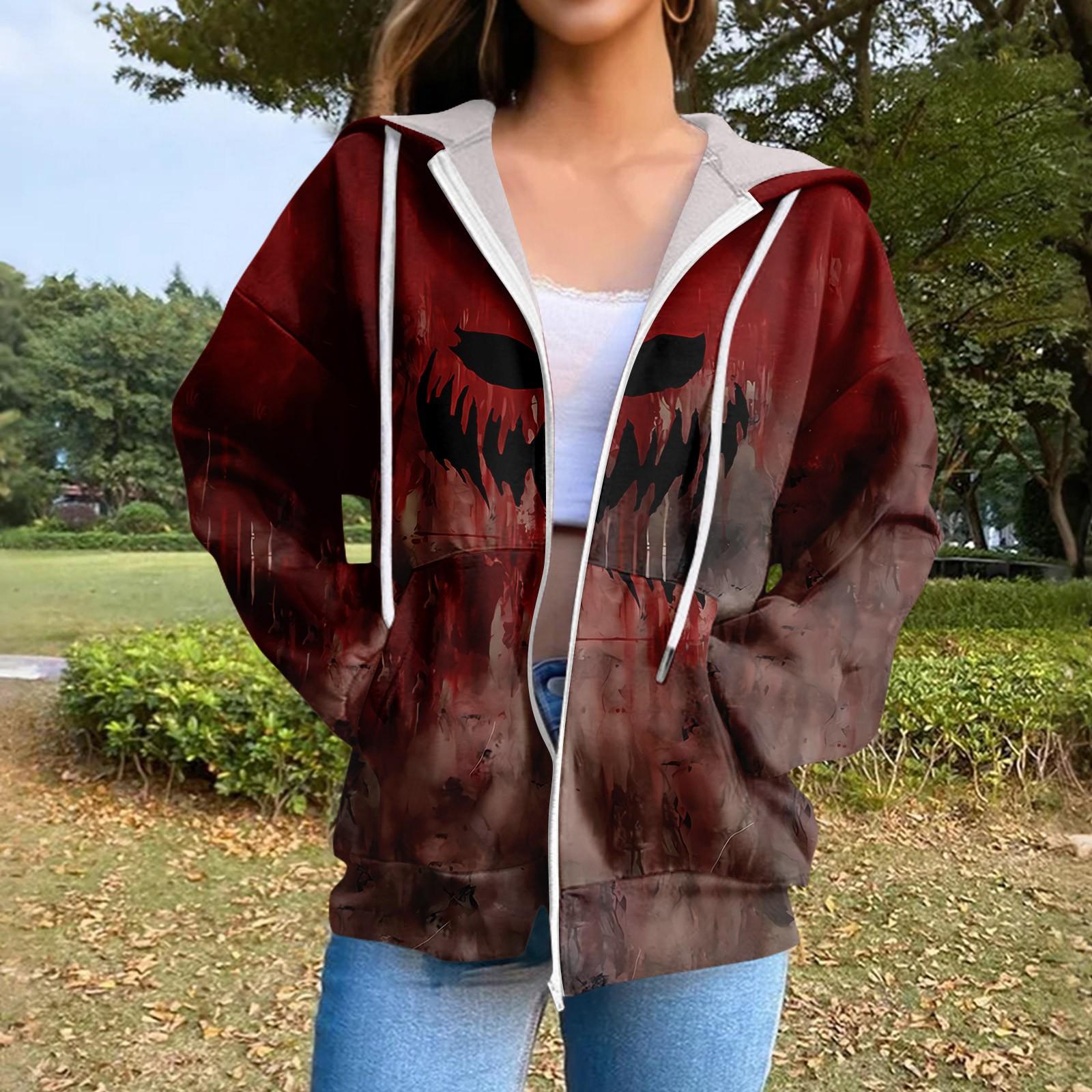

Women s Casual Fashion Long Sleeve Zipper Printed Drawstring Hooded Sweatshirt XL красный