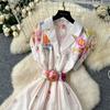 Spring new court style retro stand-up collar dress female European and American celebrities waist single-breasted printed dress