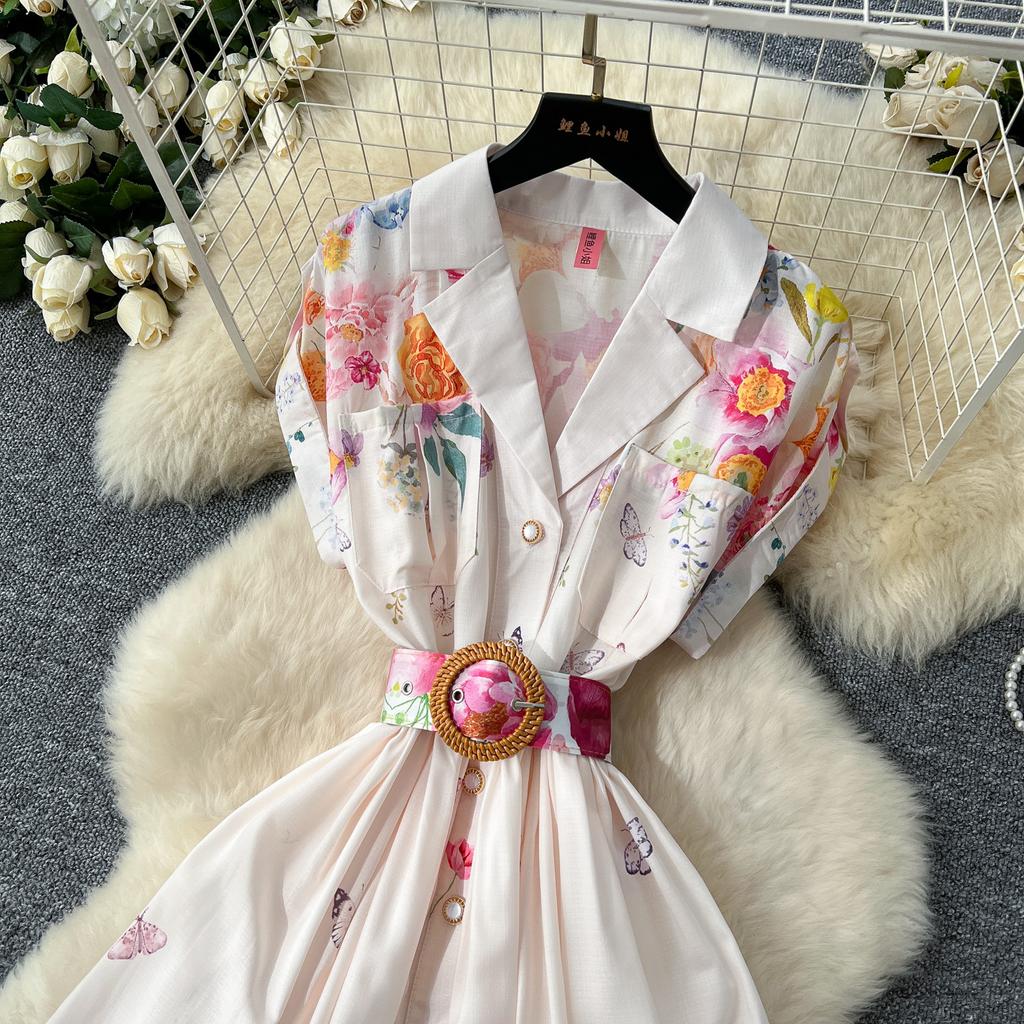 Spring new court style retro stand-up collar dress female European and American celebrities waist single-breasted printed dress