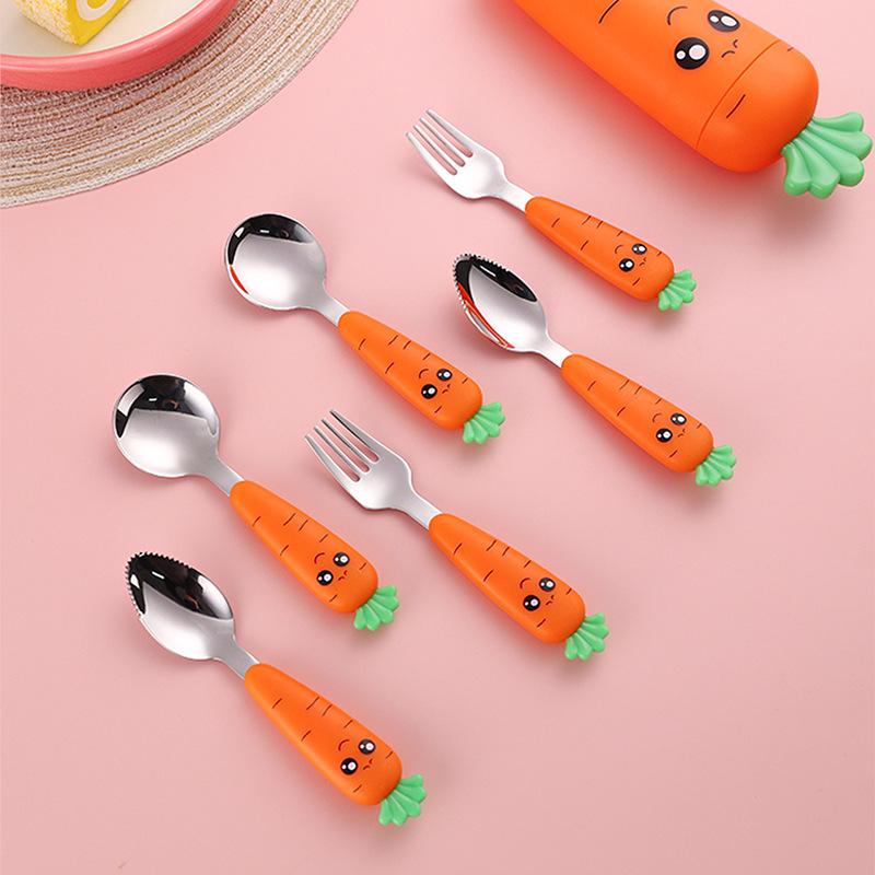 1PC/1set carrot set children's tableware stainless steel spoon and fork cutlery with box baby feeding kitchen tableware supplies