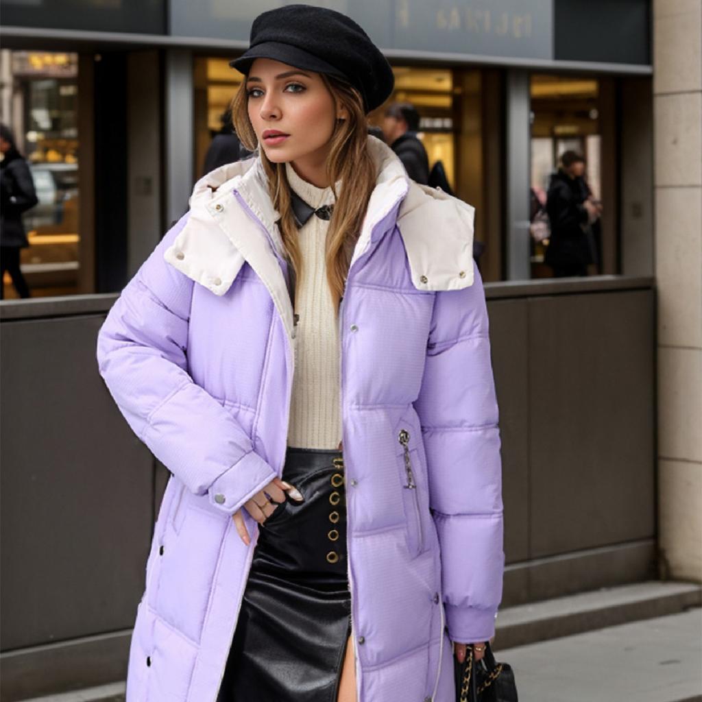 YJKDYK 2024 Winter Damenjacke Damen Kontrast Kapuzen Lange Parkas Mäntel Damen Verdicken Warme Baumwolljacke Für Damen Mäntel