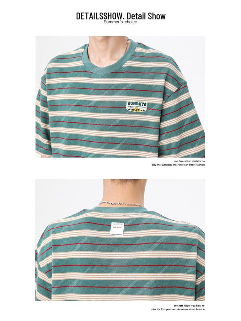 Men's Loose Fit Striped Cotton Crew Neck T-Shirt with Embroidery