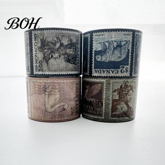 Retro Adhesive Tape Vintage Stamp Washi Roll, Aesthetic Decorative Masking Tape, for DIY Art Crafts, Journaling Scrapbooking Supplies Planner