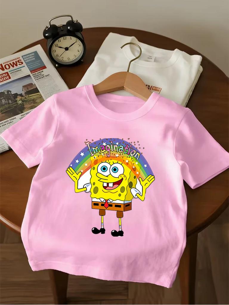Bouncy SpongeBob Short Sleeve T Shirt Children Summer Cute Crewneck Casual Boys Girls 3-14