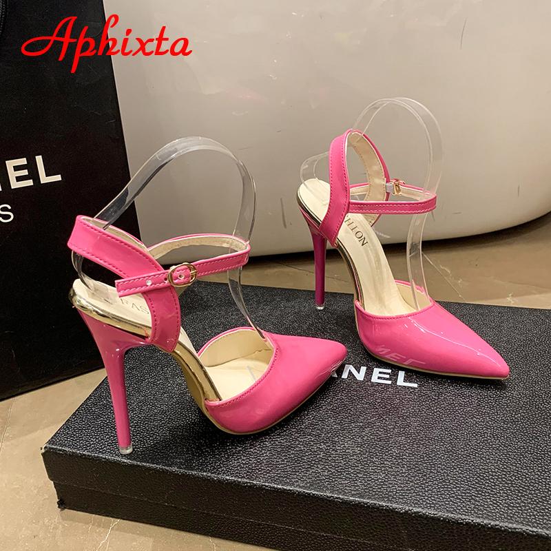 Aphixta Summer 7cm 12cm Super High Stiletto Heels Ankle Strap Sandals Women Hollow Pointed Toe Party Heels Shoes Plus Size 48
