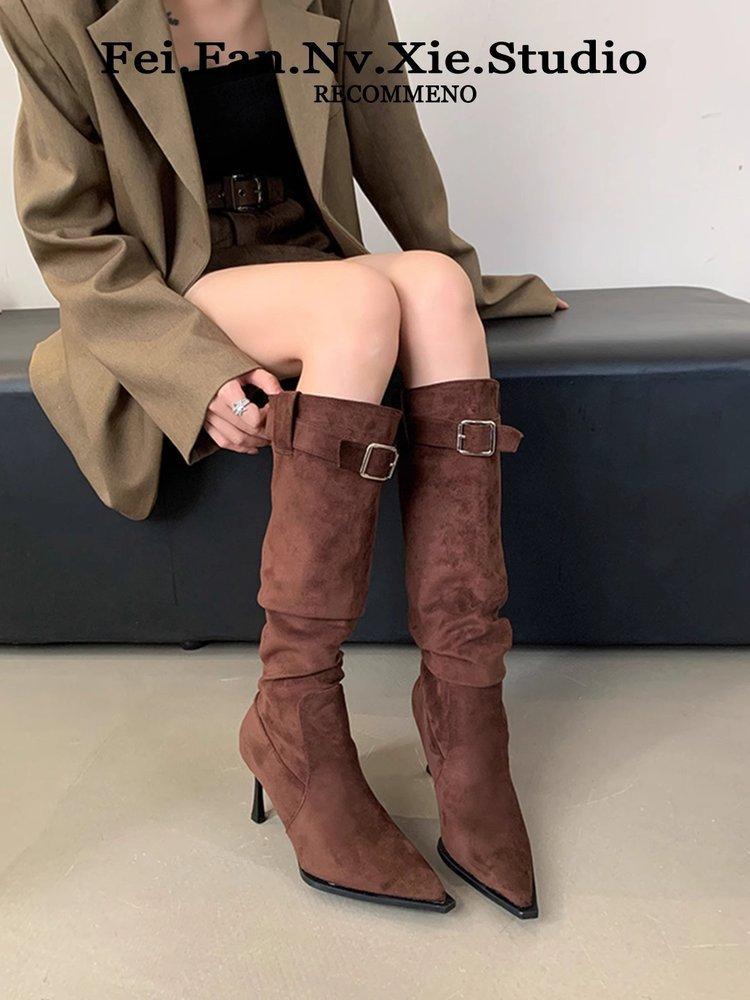 

Small thin heel boots women s 2025 autumn new suede stacking boots pointed temperament high heel boots 34