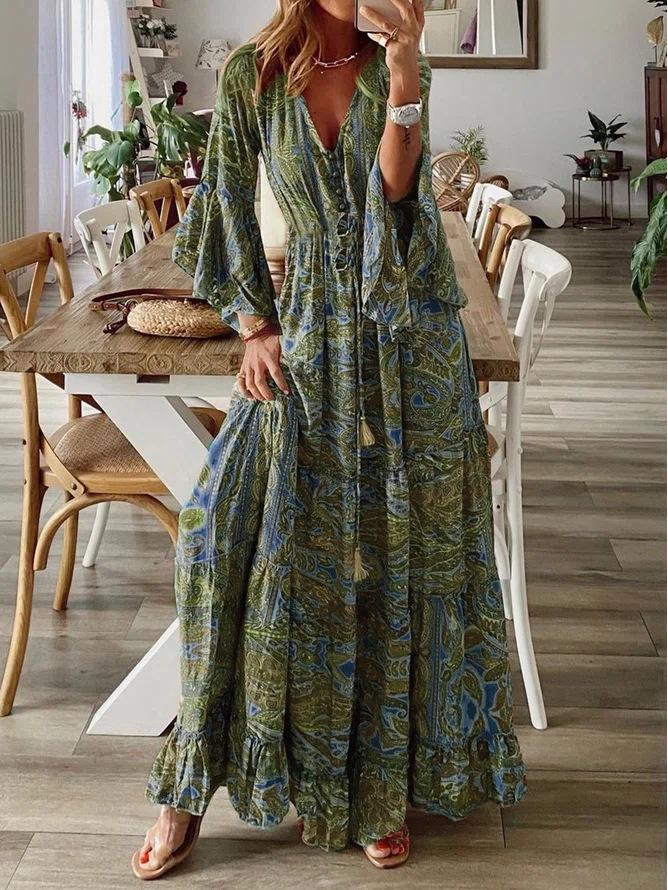Bohemian Bell Sleeve V-neck Floral Vacation Maxi Dress