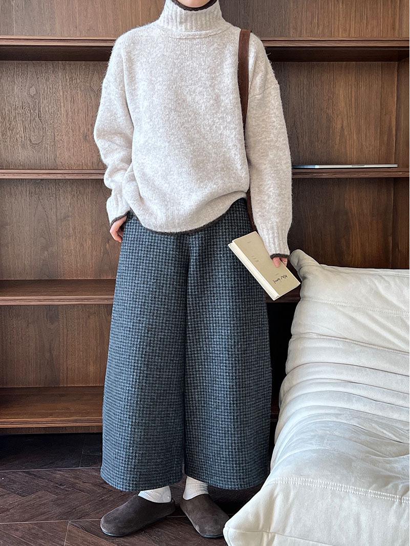 Women s Retro Plaid Wool Cropped Wide-Leg Pants - 80% Wool, Thickened for Winter Large
