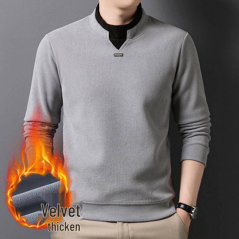 Men's Autumn/Winter Thickened Long-Sleeve Top, Half-High Collar, Plus Velvet Warm Knit Base Layer.