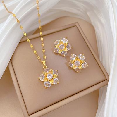 Five-Leaf Flower Necklace Earrings Set Light Luxury Micro-Inlaid Personalized Temperament Banquet Earrings Necklace Combination